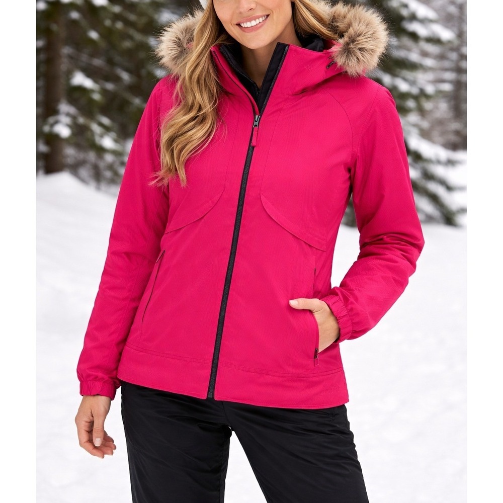 Body Glove Womens Pink Chevron Ski Jacket Faux Fur Hood Snow Coat Size Medium